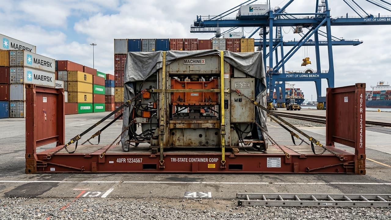 Machinery secured on a flat rack at a container port