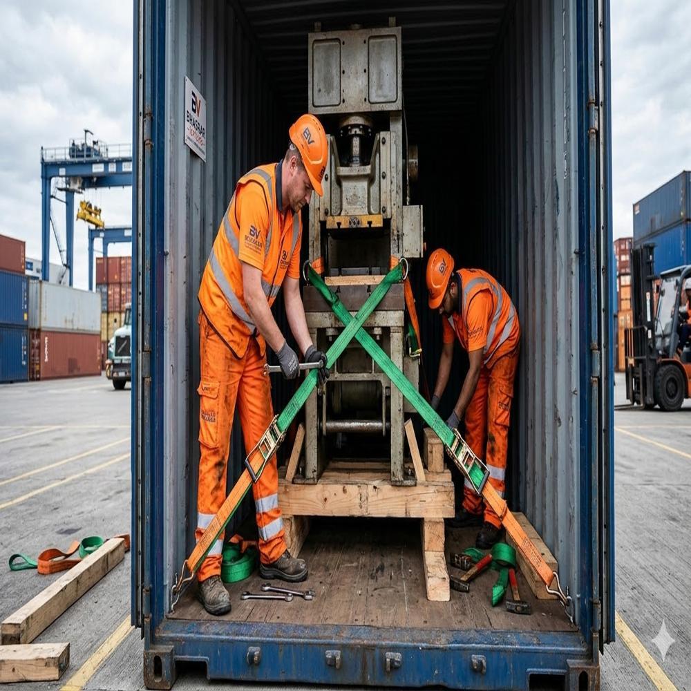 Workers securing machinery with lashing straps inside a container