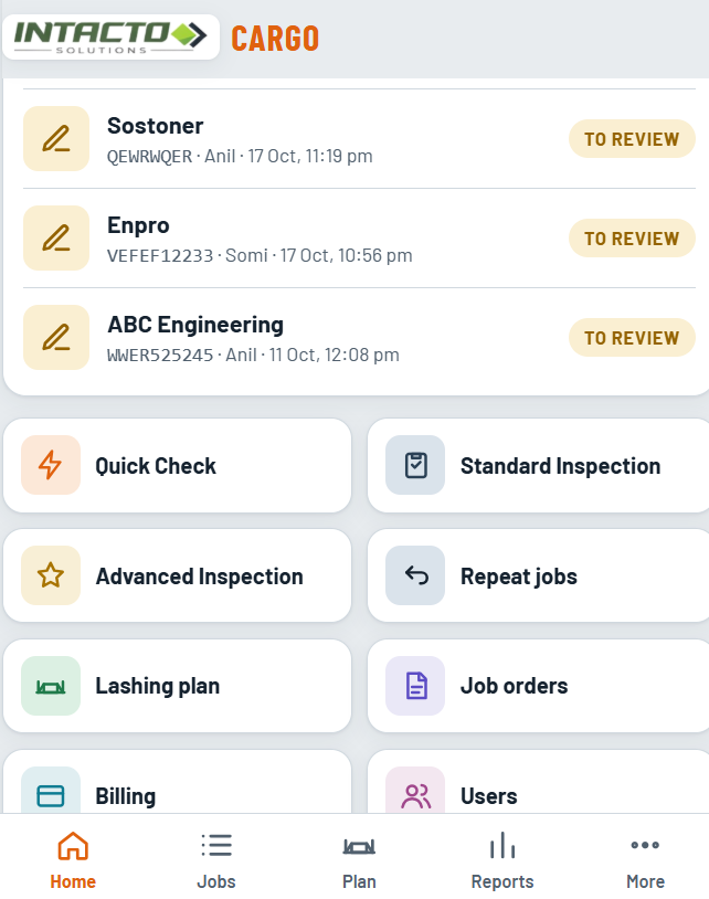 Intacto Cargo app showing inspection types, job orders and lashing plan tools