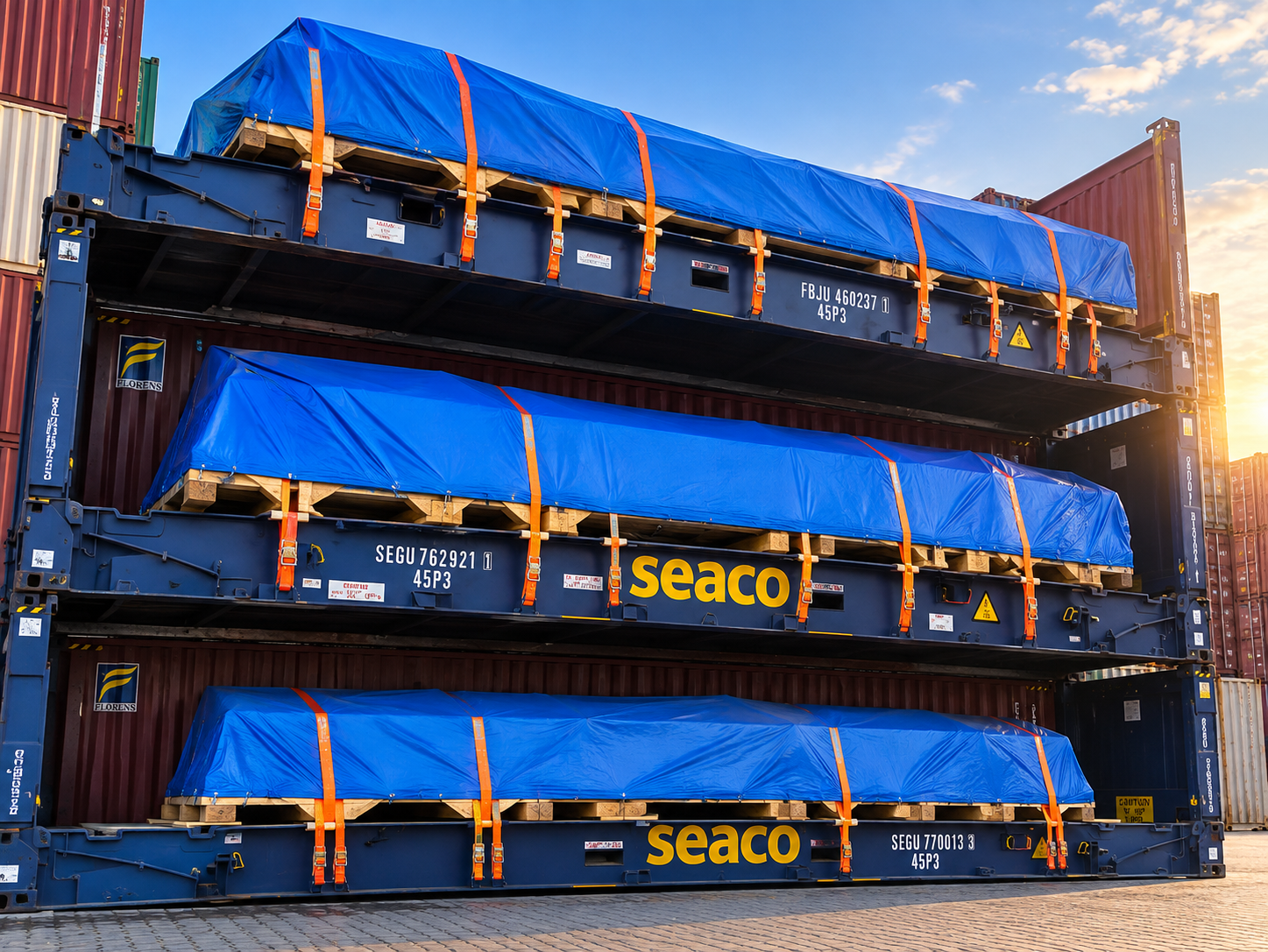 Three flat rack containers with blue-covered cargo secured by orange lashing straps